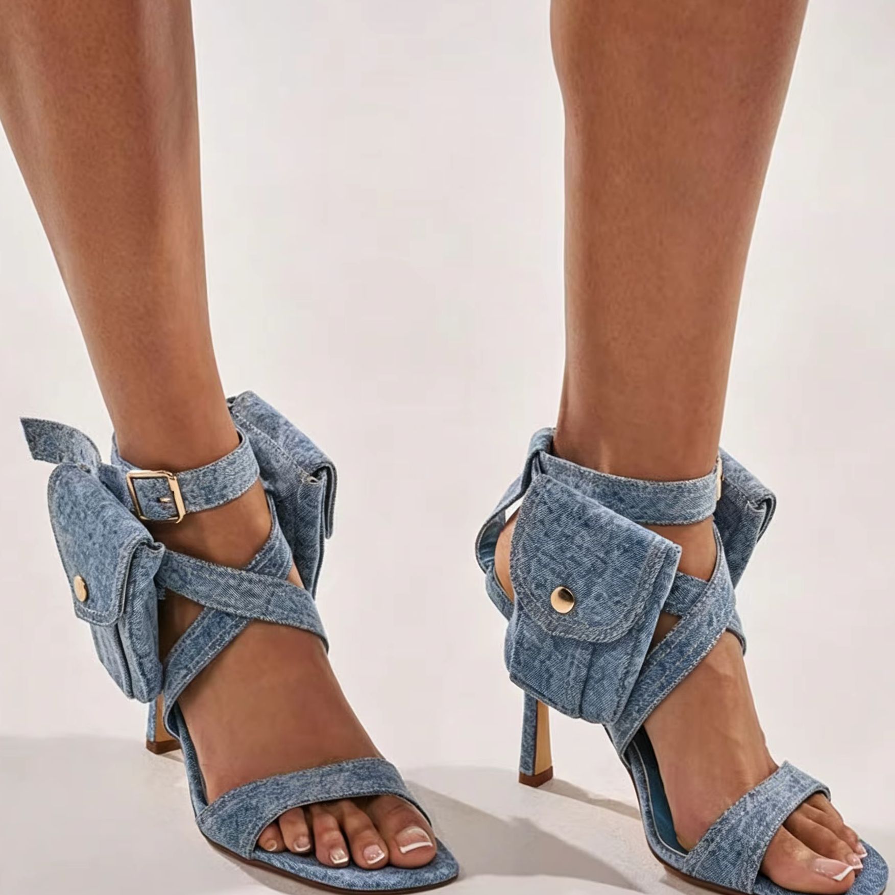 Women'S Shoes Trendy - 여성 블루 데님 포켓 발목 스트랩