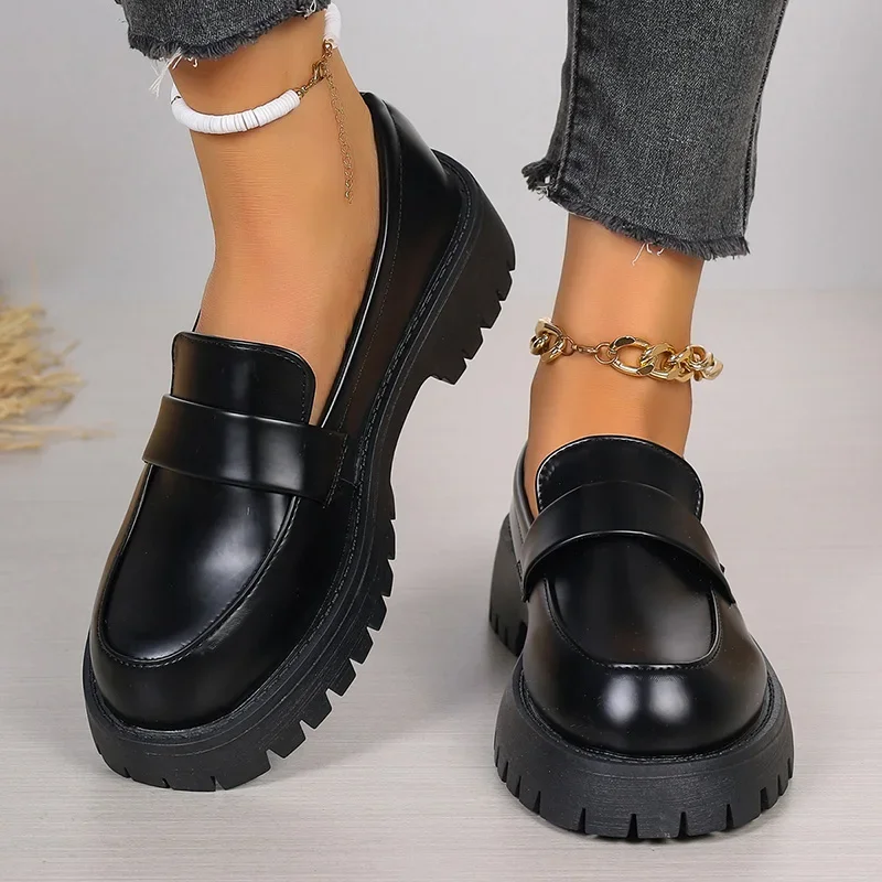 Women'S Shoes Loafers Black - 영국 스타일 블랙 플랫폼 로퍼 여성용