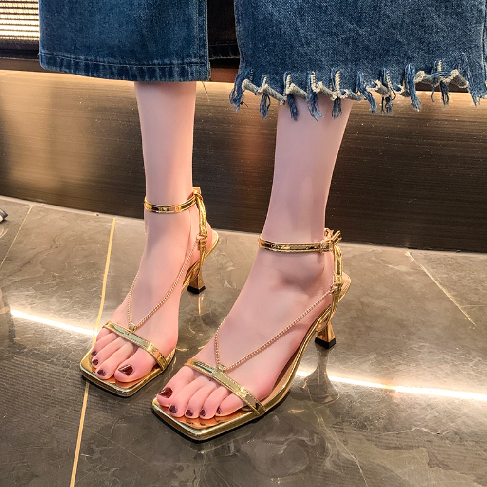 Gold Chain Sandal - 여성용 골드 체인 섹시 하이힐 샌들,