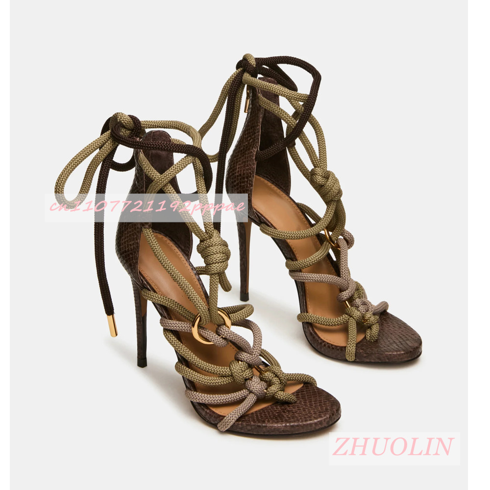 Kids Shoes Women - 레트로 뱀피 무늬 두꺼운 로프 크리스크로스