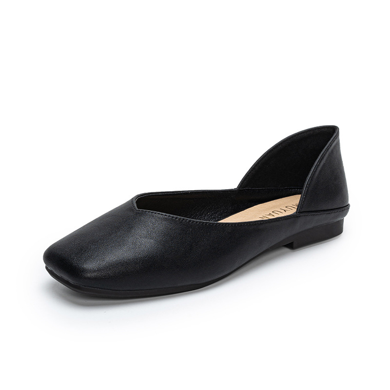 Women Shoes Loafers - 스퀘어토 가죽 패치워크 플랫 슈즈 여성
