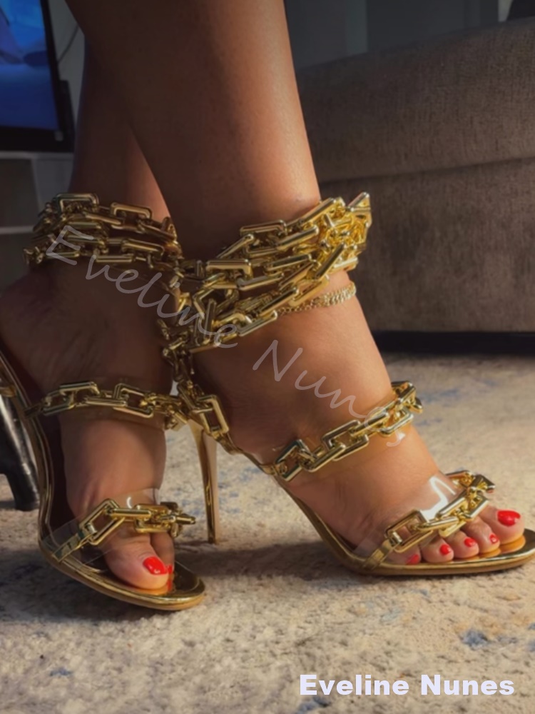 골드 체인으로 장식된 발목 스트랩이 달린 하이힐 샌들, - Gold Chain Sandal 리뷰 및 가격