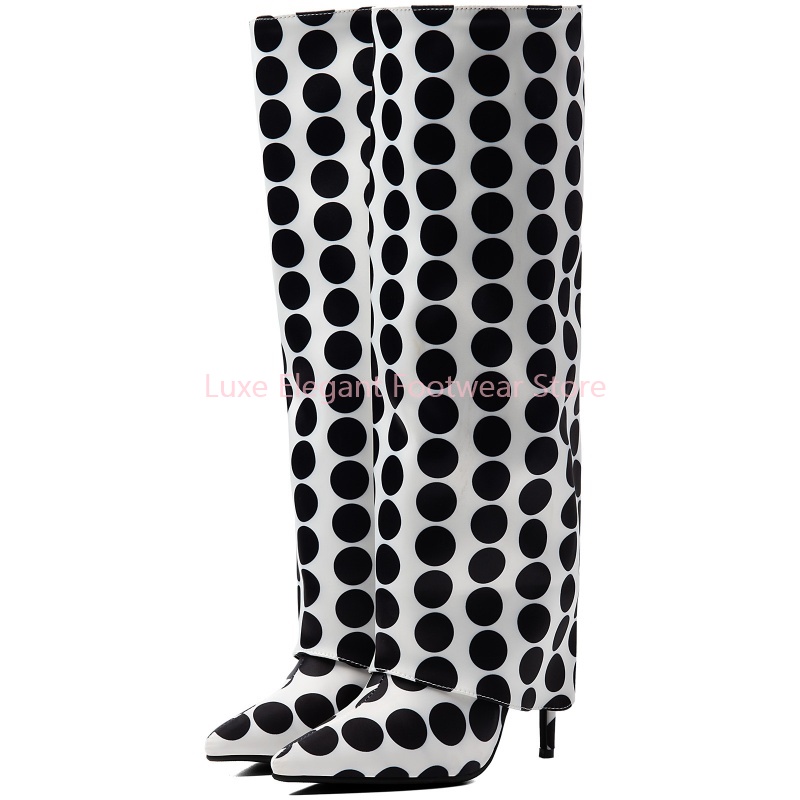 블랙 폴카 도트 프린트 포인티드 토 니하이 부츠 여성  - Women'S Shoes Trendy 리뷰 및 가격