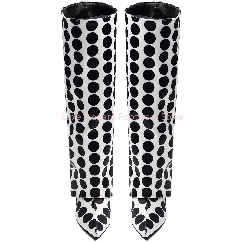 블랙 폴카 도트 프린트 포인티드 토 니하이 부츠 여성  - Women'S Shoes Trendy 리뷰 및 가격