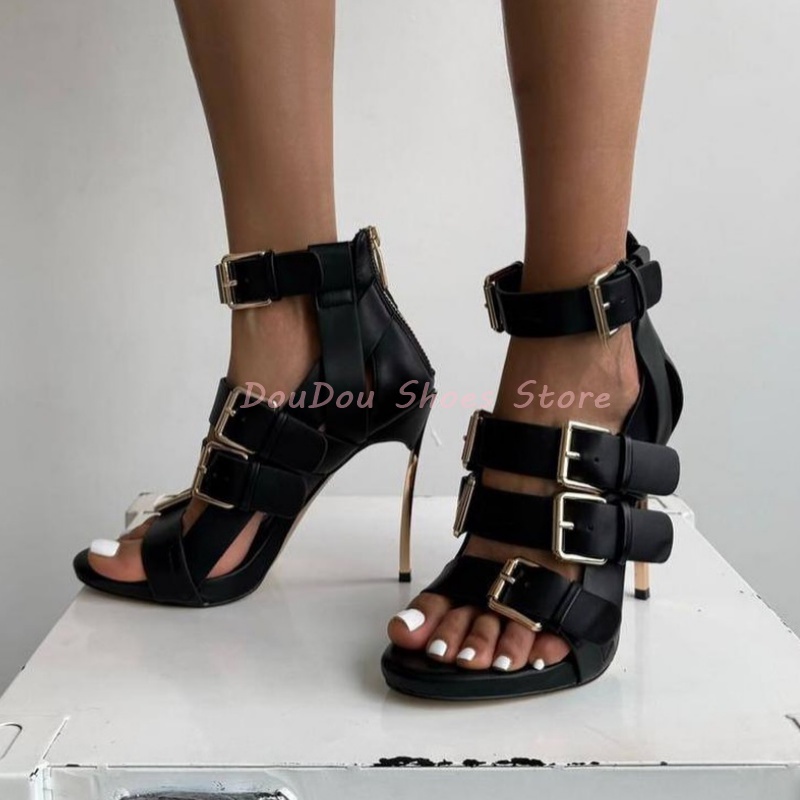 블랙 벨트 버클 오픈토 메탈 힐 스틸레토 샌들 여성용  - Women'S Shoes Trendy 리뷰 및 가격