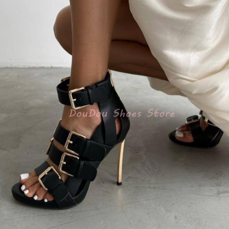 블랙 벨트 버클 오픈토 메탈 힐 스틸레토 샌들 여성용  - Women'S Shoes Trendy 리뷰 및 가격